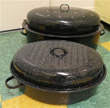 2 Enamel Rosting Pans - Large Ham Boiler 9 Tall 20 Long and Smaller 16