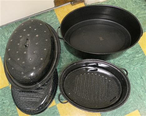 2 Enamel Rosting Pans - Large Ham Boiler 9 Tall 20 Long and Smaller 16