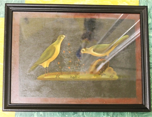 Painting on Board of 2 Birds - Framed - Frame Measures 8 1/4 By 11