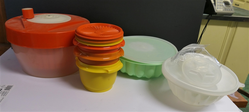 Lot of Vintage Tupperware including Jello Molds, Colorful Containers, and Salad Spinner