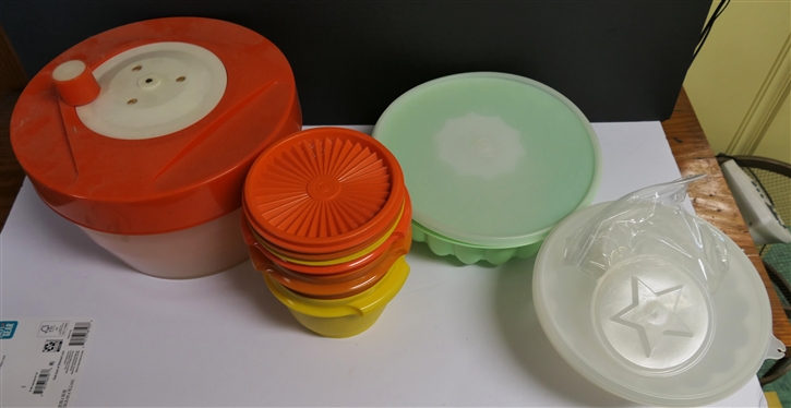 Lot of Vintage Tupperware including Jello Molds, Colorful Containers, and Salad Spinner