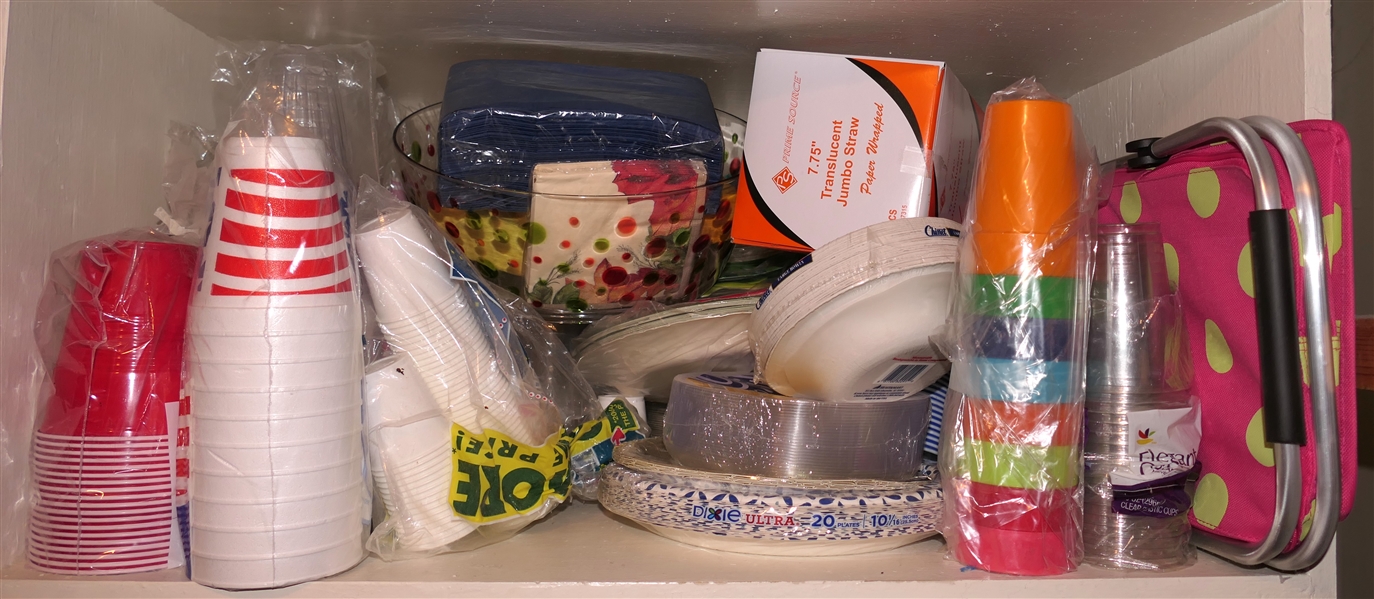 Lot of Paper Products - Plates, Cups, Napkins, Straws, and Folding Bag
