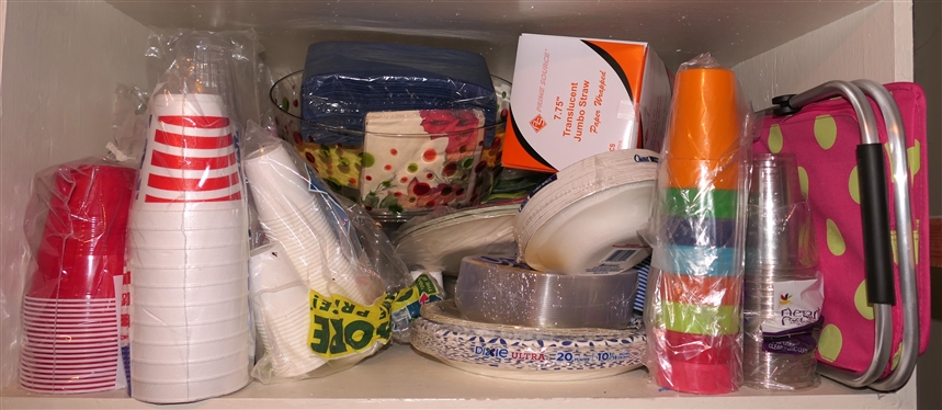 Lot of Paper Products - Plates, Cups, Napkins, Straws, and Folding Bag