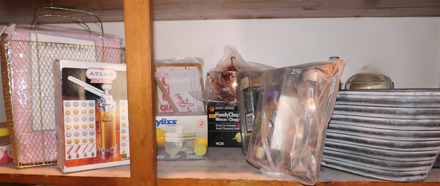Pantry Shelf Lot including American Pacific Duvet Cover, Marcato - Atlas Biscuits Press, Zyliss Juicer, Cookie Presses, Copper Pot, and Crab Hammer