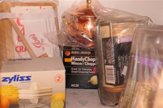 Pantry Shelf Lot including American Pacific Duvet Cover, Marcato - Atlas Biscuits Press, Zyliss Juicer, Cookie Presses, Copper Pot, and Crab Hammer