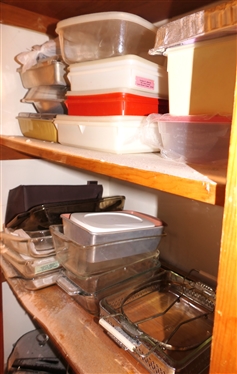 Lot of Casserole Dishes, Baking Pans, and Storage Containers - Tupperware Pyrex, Metal, etc. 
