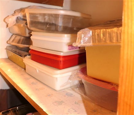 Lot of Casserole Dishes, Baking Pans, and Storage Containers - Tupperware Pyrex, Metal, etc. 