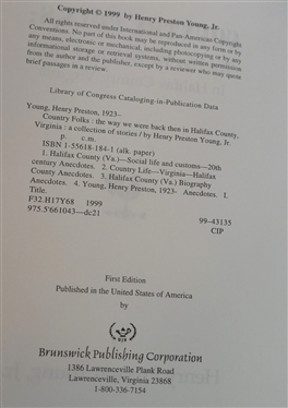 Country Folks - The Way We Were Back Then in Halifax County, Virginia A Collection of Stories by Henry Preston Young, Jr. - First Edition Hardcover Book - Personally Signed and Inscribed...
