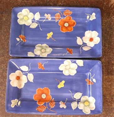 2 - Gourmet by Laurie Gates Blue Floral Trays - Both New with Original Tags - Measuring 18 by 10 1/2 