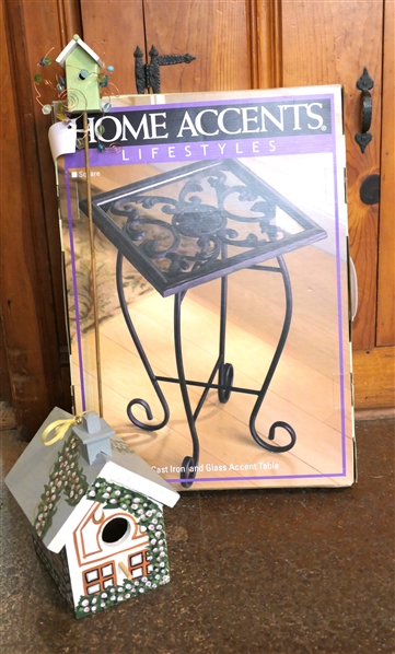 Home Accents Lifestyles Cast Iron and Glass Accent Table - New Never Assembled, Hand Painted Bird House, and Miniature Bird House Stake 