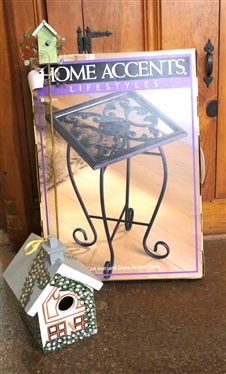 Home Accents Lifestyles Cast Iron and Glass Accent Table - New Never Assembled, Hand Painted Bird House, and Miniature Bird House Stake 