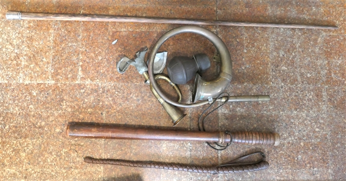 2 Brass Horns - Fox Horn and Squeeze Horn, Cane with Hand Decorated Silver Top, Braided Leather Riding Crop, and Night Stick 