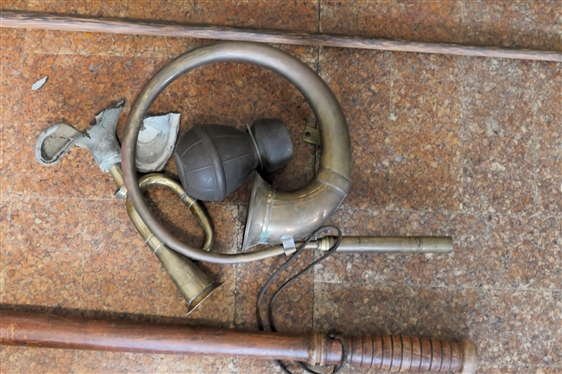 2 Brass Horns - Fox Horn and Squeeze Horn, Cane with Hand Decorated Silver Top, Braided Leather Riding Crop, and Night Stick 