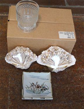 Set of 6 New in Box Egyptian Fountain Tumblers Made in Czech Republic,  2 Shells with Sea Shell Picks, and Hand Painted Art Pottery Dish with Iris Flowers