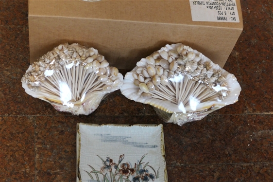 Set of 6 New in Box Egyptian Fountain Tumblers Made in Czech Republic,  2 Shells with Sea Shell Picks, and Hand Painted Art Pottery Dish with Iris Flowers