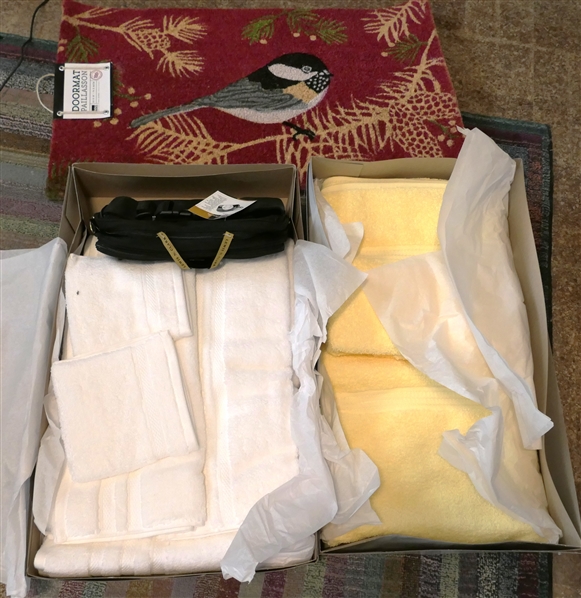 Set of New Biltmore Home White Bath Towels, Hand Towels, and Wash Cloths, 2 New Yellow Bath Towles, New Door Mat, and Lewis and Clark Waist Pouch 