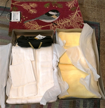Set of New Biltmore Home White Bath Towels, Hand Towels, and Wash Cloths, 2 New Yellow Bath Towles, New Door Mat, and Lewis and Clark Waist Pouch 