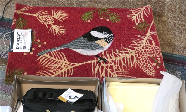 Set of New Biltmore Home White Bath Towels, Hand Towels, and Wash Cloths, 2 New Yellow Bath Towles, New Door Mat, and Lewis and Clark Waist Pouch 