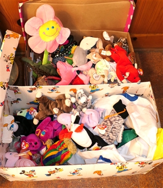 2 Boxes of Beanie Babies and Stuffed Animals - Most with Original Hang Tags 