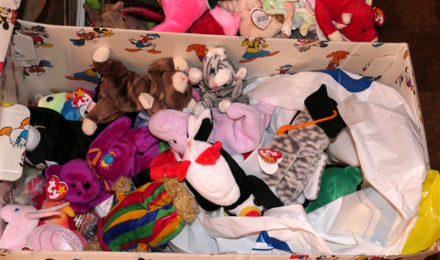 2 Boxes of Beanie Babies and Stuffed Animals - Most with Original Hang Tags 