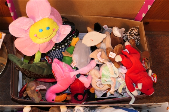 2 Boxes of Beanie Babies and Stuffed Animals - Most with Original Hang Tags 