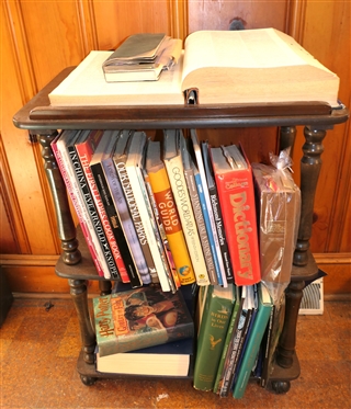 Mahogany Finish Book Stand / Shelf with all Books as Pictured - Slanted Top with Book Ledge - 2 Shelves  -Measures 31 Tall 23 By 14 