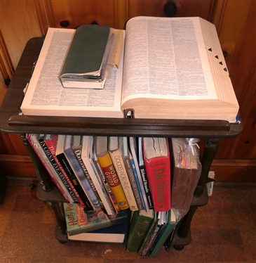 Mahogany Finish Book Stand / Shelf with all Books as Pictured - Slanted Top with Book Ledge - 2 Shelves  -Measures 31 Tall 23 By 14 