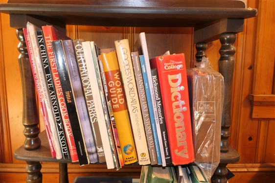 Mahogany Finish Book Stand / Shelf with all Books as Pictured - Slanted Top with Book Ledge - 2 Shelves  -Measures 31 Tall 23 By 14 