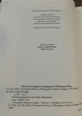 On This Hill A Narrative History of Hampden - Sydney College 1774 - 1994 Hard Cover - 1994 First Edition with Original Dust Jacket