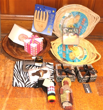 Hot Mat Basket Trivets, Pottery Bowl, Salad Tongs, Hand Made Dolls, Mirrored Coasters - All New 