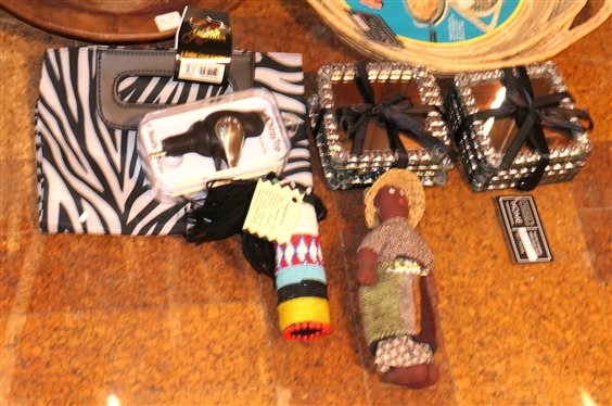 Hot Mat Basket Trivets, Pottery Bowl, Salad Tongs, Hand Made Dolls, Mirrored Coasters - All New 