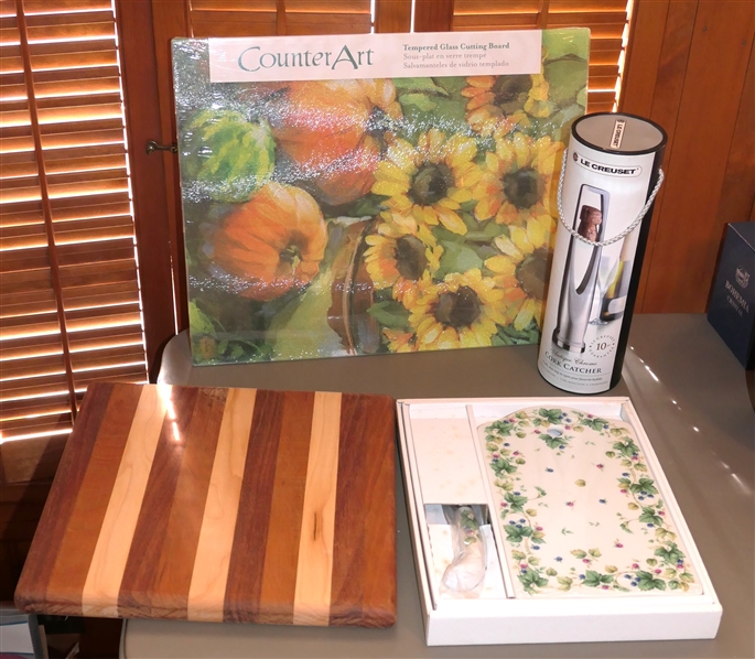 Counter Art Tempered Glass Cutting Board, Le Creuset Cork Catcher, B&J Farms Wood Chop Block and Andrea by Sadek Cheese Board and Knife Set - All New 