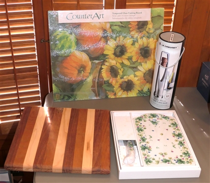 Counter Art Tempered Glass Cutting Board, Le Creuset Cork Catcher, B&J Farms Wood Chop Block and Andrea by Sadek Cheese Board and Knife Set - All New 