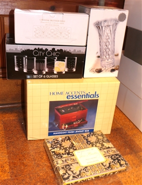 Home Accents Essentials Mahogany Finish Jewelry Box, Shannon Crystal Pineapple Collection Butter Dish, City Chic Tumblers, Crystal Clear Vase, and Vera Bradley Note Set - All Brand New 