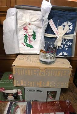 Lot of Christmas Items - Lenox Plates, Christmas Glasses, Kitchen Towels, Table Cloth, Paper goods, Dip Bowl, and Lenox Mug 