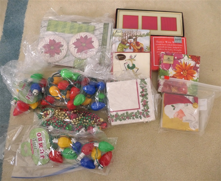 Lot of Christmas Items - Napkins, Lighted Necklaces, Bells, and Brass Picture Frame