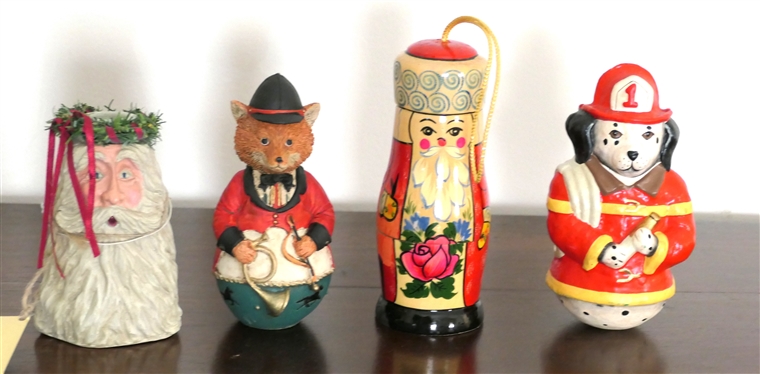 Midwest Imports Fox Figure, Midwest Imports Dalmatian Figure, Kandy''s Folk Art Santa Candle Holder - By Kurt Adler, and Russian Santa Bottle Holder - Dalmatian is 5 1/4 Tall 