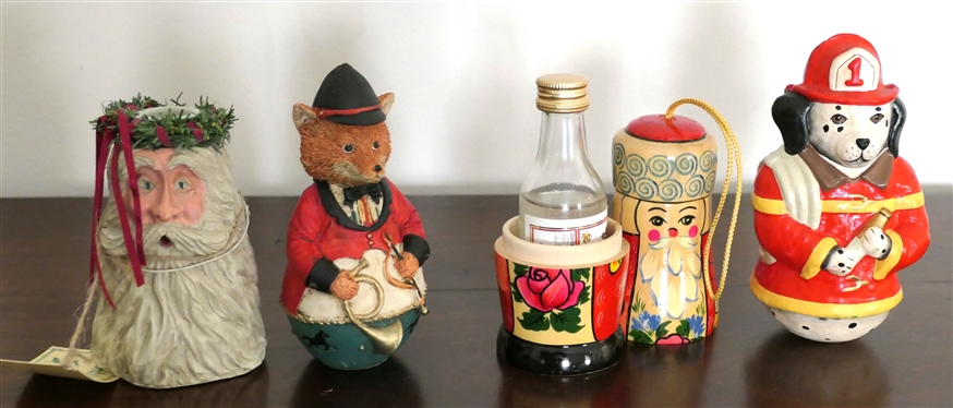 Midwest Imports Fox Figure, Midwest Imports Dalmatian Figure, Kandy''s Folk Art Santa Candle Holder - By Kurt Adler, and Russian Santa Bottle Holder - Dalmatian is 5 1/4 Tall 