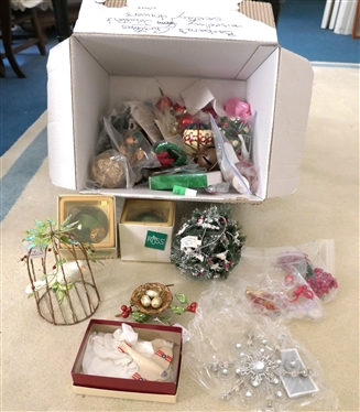 Lot of Christmas Ornaments and Decorations - Bird Cage, Bird''s Nest, Russ Crackel Balls, Etc. 