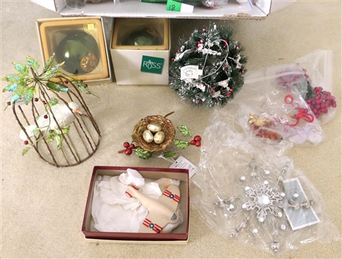Lot of Christmas Ornaments and Decorations - Bird Cage, Bird''s Nest, Russ Crackel Balls, Etc. 