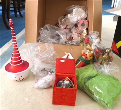 Lot of Christmas Decorations and Ornaments - Brass Angel Candle Holders, Reverse Painted Ornament, Mercury Glass Santa, Beads, Etc. 