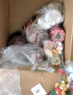 Lot of Christmas Decorations and Ornaments - Brass Angel Candle Holders, Reverse Painted Ornament, Mercury Glass Santa, Beads, Etc. 