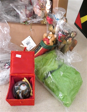 Lot of Christmas Decorations and Ornaments - Brass Angel Candle Holders, Reverse Painted Ornament, Mercury Glass Santa, Beads, Etc. 
