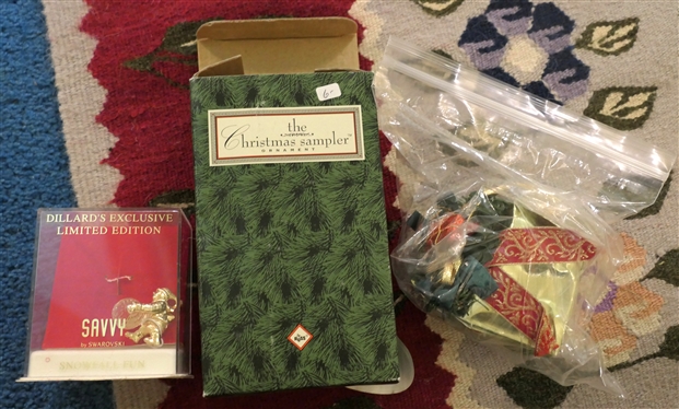 Lot of Christmas Decorations and Ornaments - Brass Angel Candle Holders, Reverse Painted Ornament, Mercury Glass Santa, Beads, Etc. 