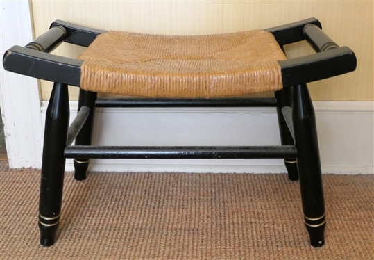 Hitchcock Style Stool - Black and Gold with Nice Rush Seat - Stool Measures 13 1/2 Tall 21 by 12 