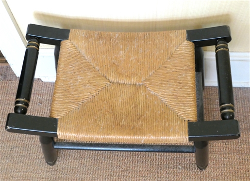 Hitchcock Style Stool - Black and Gold with Nice Rush Seat - Stool Measures 13 1/2 Tall 21 by 12 