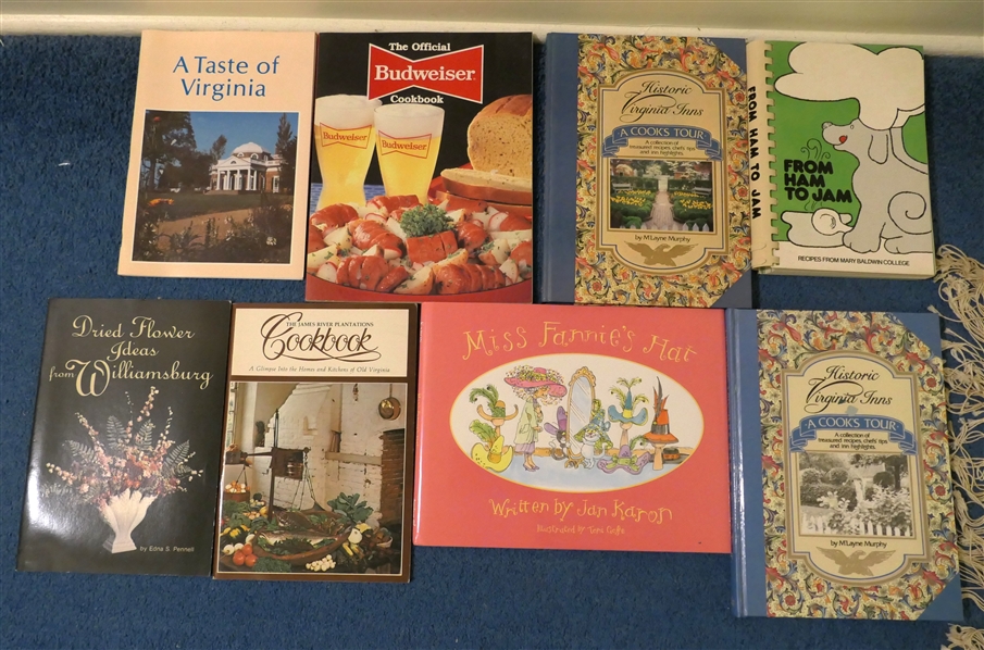 Collection of Cook Books and Childrens Book - Williamsburg Dried Flowers, A Taste of Virginia, The Official Budweiser Cookbook, The James River Plantation Cook book, Historic Virginia Inns Cook...