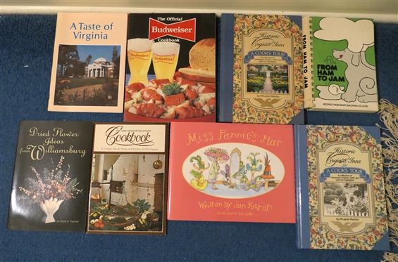 Collection of Cook Books and Children''s Book - Williamsburg Dried Flowers, A Taste of Virginia, The Official Budweiser Cookbook, The James River Plantation Cook book, Historic Virginia Inns Cook...