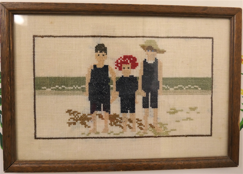 Needlework / Cross Stich of Children on Sea Shores - Framed - Frame Measures 7 1/4" by 10 1/2"