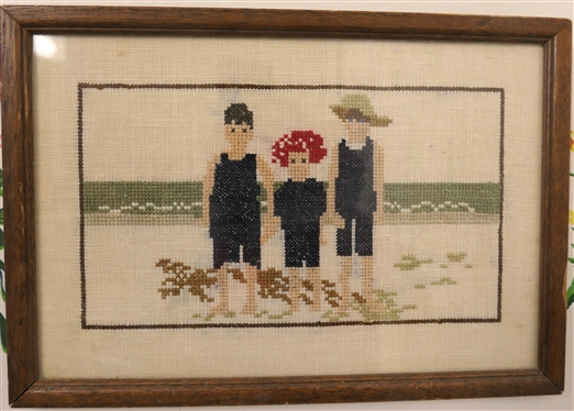 Needlework / Cross Stich of Children on Sea Shores - Framed - Frame Measures 7 1/4 by 10 1/2